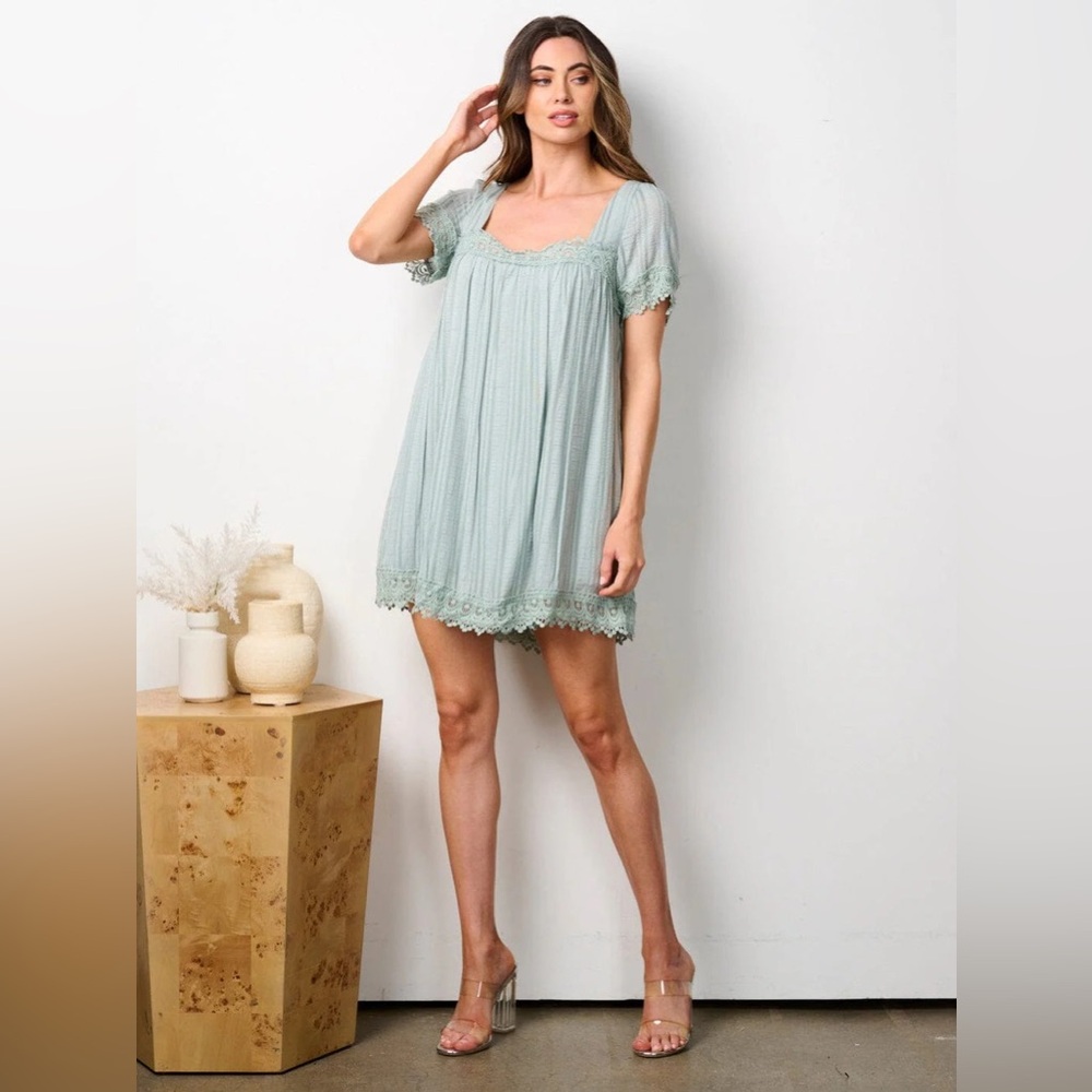 SAGE EMBROIDERED SQUARE NECK TRIM TUNIC MINI DRESS
